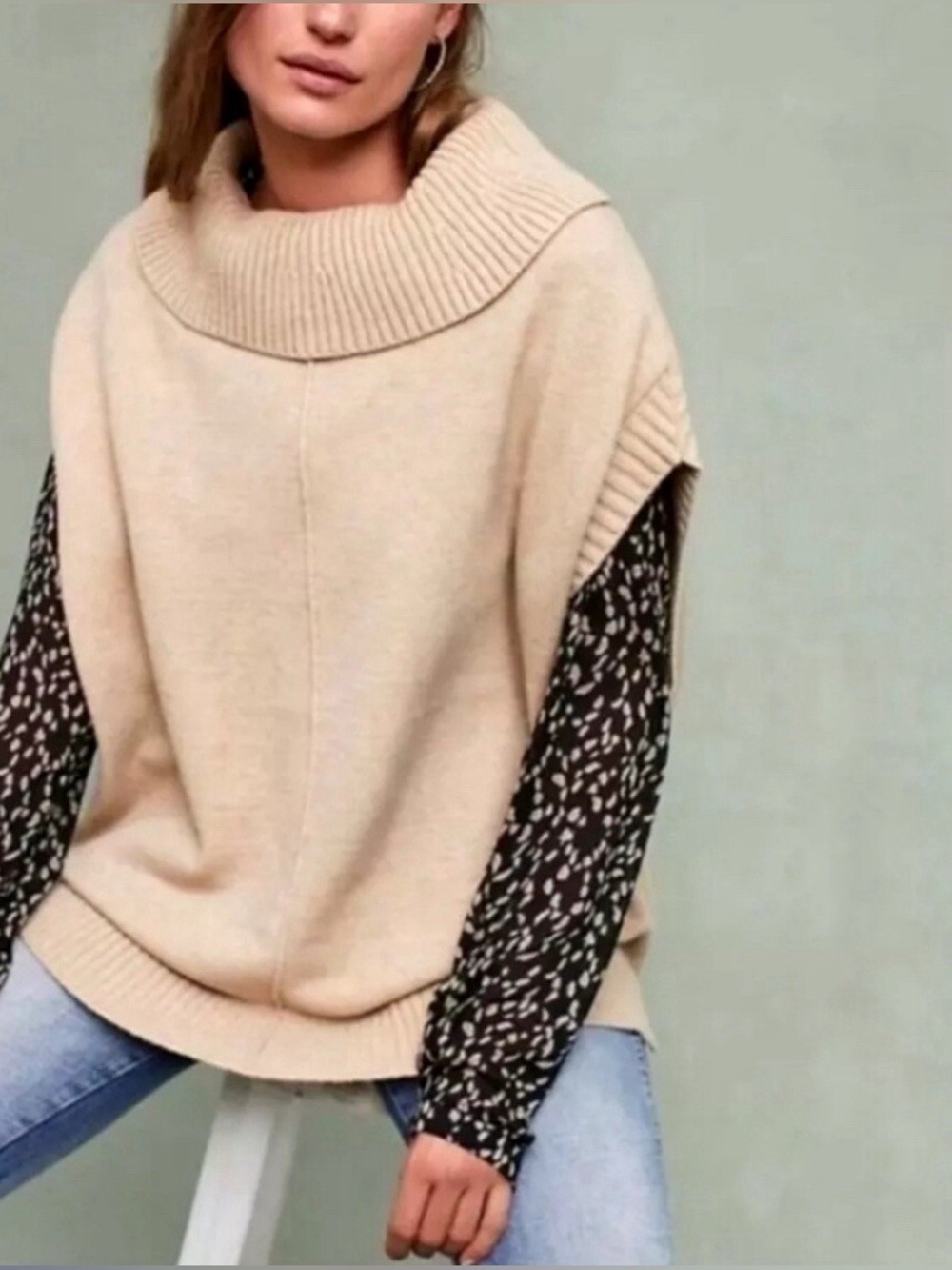 Moth Anthropologie Oversized Cowl Neck Sweater Vest Sleeveless Poncho M Neutral